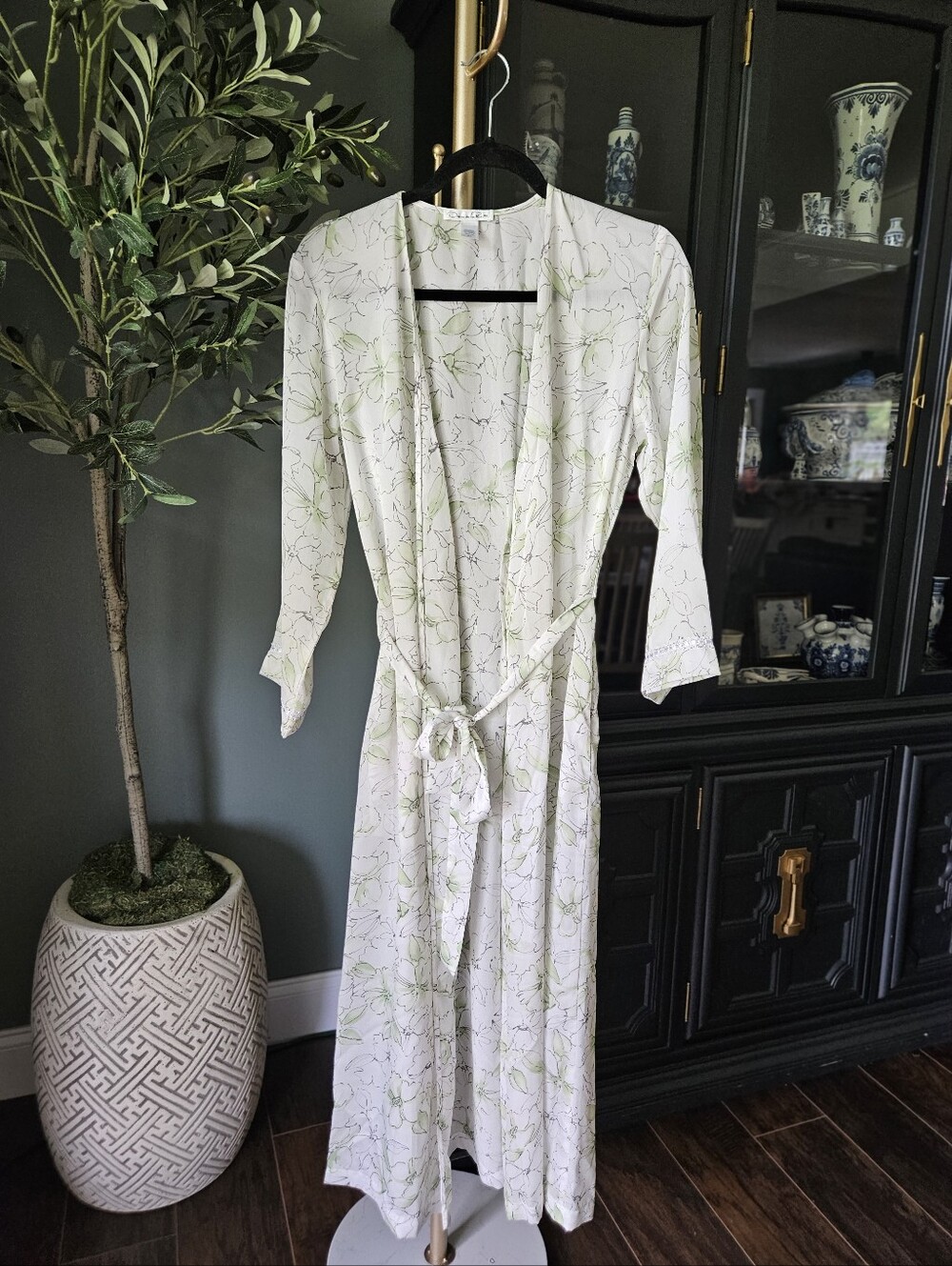 Oscar de la Renta Floral Long Wrap Robe Green White XS Kimono Lounge Robe